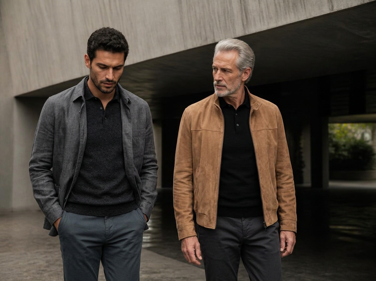 Duas gerações vestindo moda masculina contemporânea